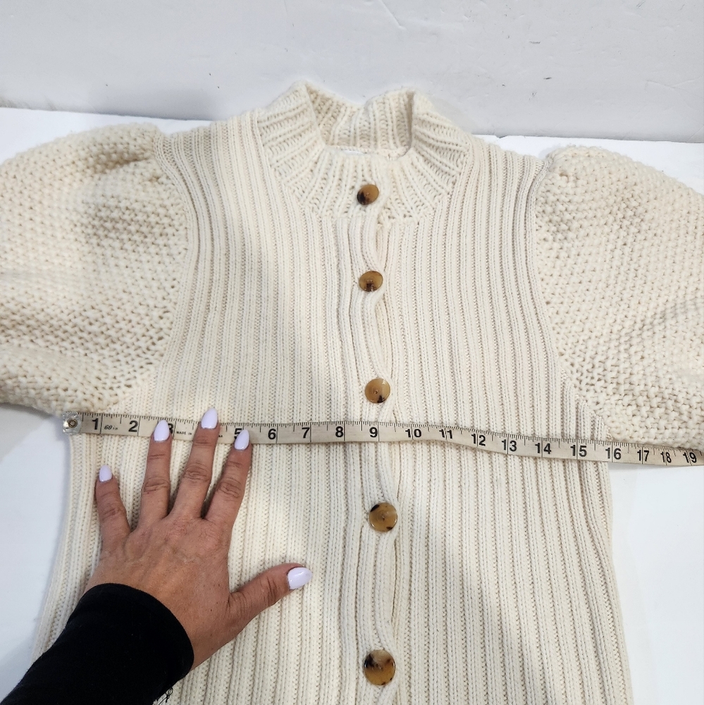 TSE Wool Cashmere Blend Button Dowm Ivory White Balloon Sleeve Knit Sweater - Picture 9 of 12